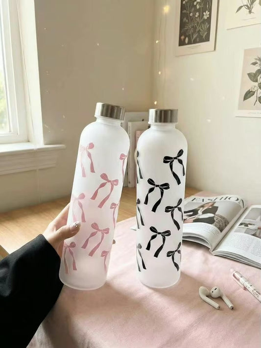 1L Aesthetic Water Bottle With Bow Print, Reusable Water Bottle With Lid, Ribbon Bow Frosted Water Bottle, Multipurpose Water Bottle for Travel