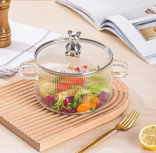 Bear Glass Cooking Pot, Large Capacity High Borosilicate Glass Clear Cooking Pot, Heat Resistant Sauce Pan