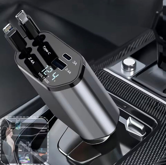 120W Retractable Car Charger, 4 in 1 USB Fast Charger, Type C/iPhone Cable Car Charger, 4 in 1 Power Adapter, 2 USB Ports Car Charger