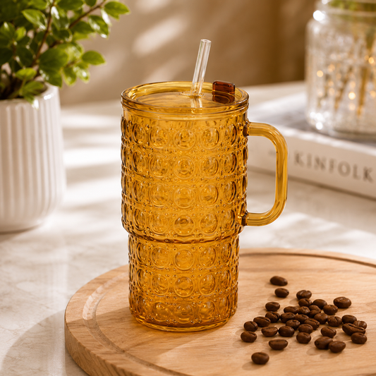Durable Transparent Glass Water Cup With Handle, Diamond Pattern Glass Drinking Cup, Portable Large Capacity Glass Straw Cup