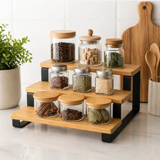 3 Step Bamboo Seasoning Organizer Shelf, Spice Storage Holder, Wooden Display Spice Rack Stand, Kitchen Gadgets