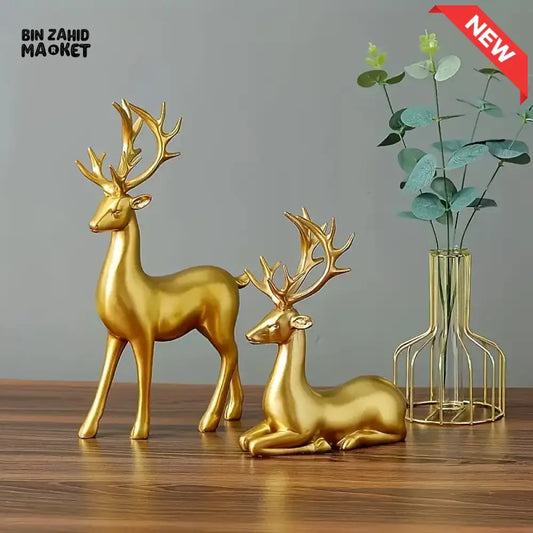2 PIECE GOLDEN DEER FIGURINE SET – PERFECT DECOR FOR LIVING ROOM & BEDROOM