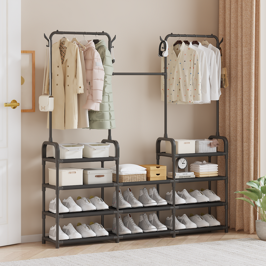 3-Tier Wardrobe Closet Oragnizer, Hanging Clothes Storage Rack, Iron Clothes and Shoes Rack For Bedroom And Entryway