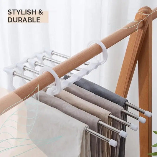 5 In 1 Magic Trouser Rack, Multifunctional Wardrobe Organizer, Multipurpose Clothes Hanger, Telescopic Steel Folding Pants Hanger, Multilayer Jeans Steel Hanger, Adjustable Pants Tie Storage Shelf, Stainless Steel Clothes Hanger