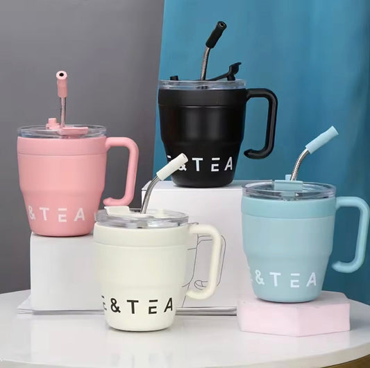 480ml Straw Covered Coffee Mug, Stainless Steel Insulated Cup, Hot/Cold Beverage Cup, Stainless Steel Thermos Mug, Office Outdoor Coffe Mug