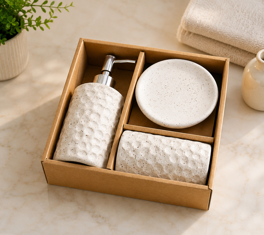 3pcs Ceramic Bathroom Set, Hammered Texture Ceramic Soap Dispenser, Bath Accessories Set, Rustic Ceramic Bathroom Essentials Set