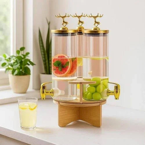 3 In 1 Rotating Glass Beverage Dispenser With Deer Lid | High Borosilicate Beverage Dispenser Set with 3 Taps & Stand