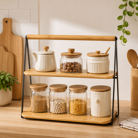 2 Tier Kitchen Countertop Organizer, Multi Purpose Storage Rack, Luxury Bamboo Serving Display Stand, Tabletop Storage Stand