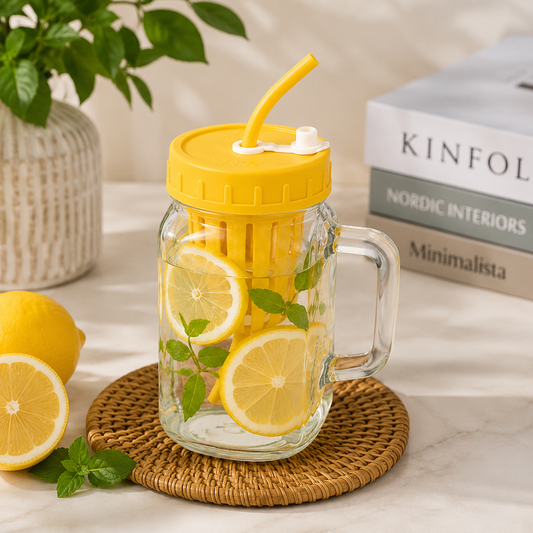 500ml Glass Sipper with Infuser, Leakproof Glass Infuser Mug with Straw, Glass Sipper Bottle, Glass Juice Cup with Handle
