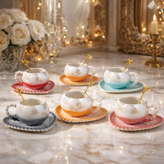 Luxury Pearl Handle Tea Cup, Ceramic Iridescent Mug With Heart Shaped Saucer, 1Pc Home Exquisite Coffee Cup With Saucer
