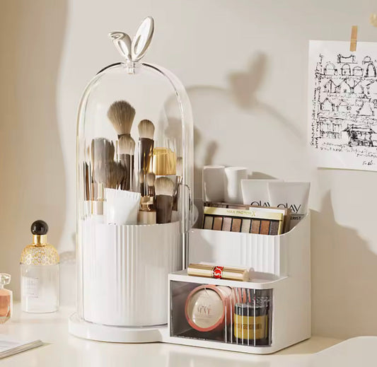360 Rotating Makeup Organizer With Dustproof Cover, Multi Layer Cosmetic Storage Box with Drawer, Cage Shape Brush Organizer, Lipstick and Eyebrow Pencil Holder