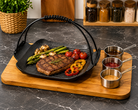 Tabletop Steak Grill Plate with Bamboo Serving Board,
Korean BBQ Grill Plate Set With Sauce Cups, Steak Grill Plate with Bamboo Tray And Sauce Cups, Portable Korean BBQ Grill Pan Serving Set