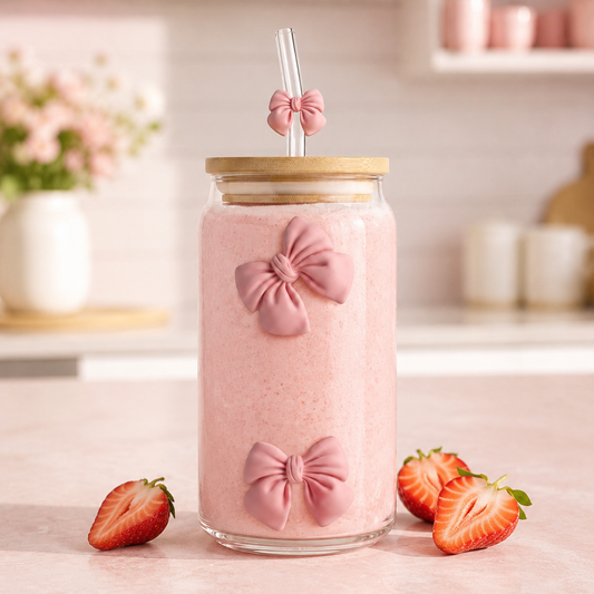 Bow Glass Tumbler with Wooden Lid & Glass Straw 570ml