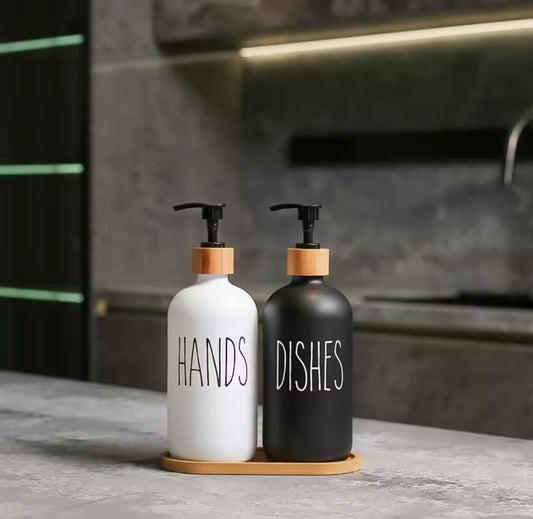 2pcs Bathroom Hand Soap Dispenser With Bamboo Tray, Kitchen Dish Soap Dispenser, Empty Facial Cleanser Refillable Bottle, Hand Sanitizer Press Subpack Bottle