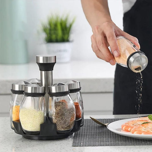 6PCS Rotating Spice Rack Set – 360 Degree Glass Seasoning Jar Organizer