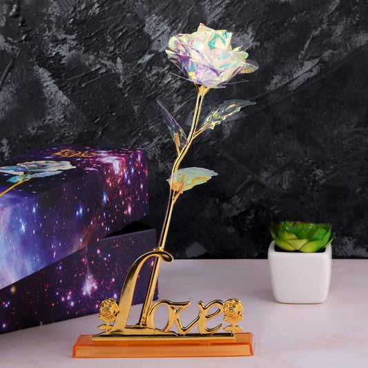 24K Almunium Foil Plated Gold Rose, Glided Gold Crystal Artificial Rose, Plastic Colorful Rose With Love Shape Base for Valentine's Day