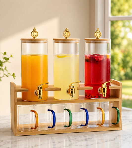 Elegant Beverage Serving Rack with 3 Dispensers, Luxury Juice & Lemonade Serving Station, Beverage Dispenser with 6pcs Cup Set