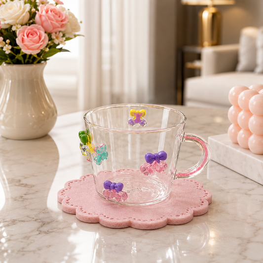 3D Bow Crystal Charm Glass Cup, Aesthetic Bow Crystal Drop Glass Mug, Cute Bow & Sparkle Charm Glass Cup, Kawaii Bow Transparent Glass Cup