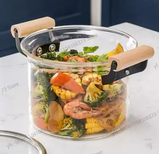 Transparent Cooking Pot With Wooden Handle, Heat Resistant Glass Pot, Kitchen Cookware Pot