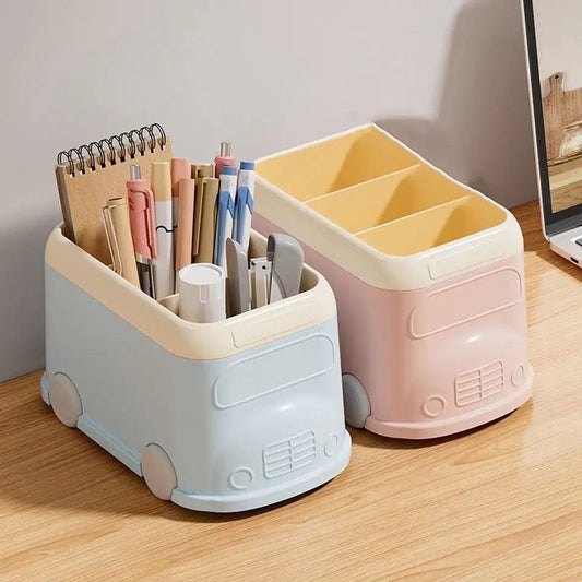 3 Compartment Van Desktop Organizer, Desk Organizer Storage Bucket, Cute Student Stationery Holder, Multifunctional Stationery Pencil Organizer, Large Capacity Desktop Storage Box, Cute Desktop Decoration Accessories