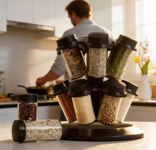 360° Rotating Spice Carousel withSeasoning Jars, Salt Shaker, Kitchen Organizers, 360° Revolving Masala Rack