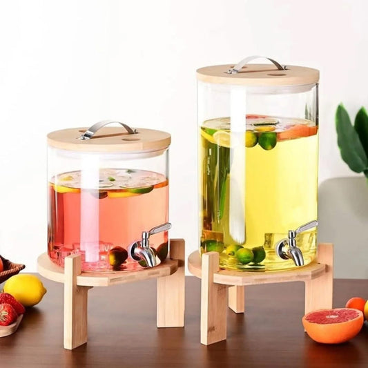 Glass Beverage Dispenser With Wooden Lid, Elegant Juice Dispenser, Tabletop Beverage And Water Dispenser