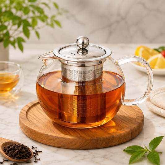 Glass Teapot with Stainless Steel Infuser, Double Wall Glass Tea Infuser Pot, Round Glass Tea Brewing Pot, Transparent Glass Tea Kettle