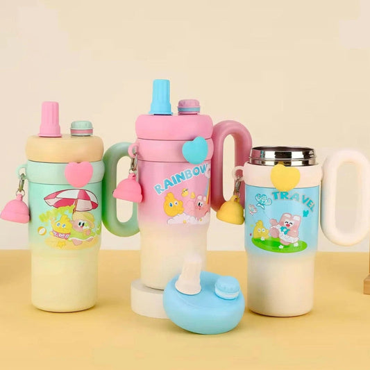 Cute Kawaii Rainbow Insulated Tumbler Sipper With Handle, Leak Proof Stainless Steel Straw Sipper, Easy Grip Vacuum Tumbler