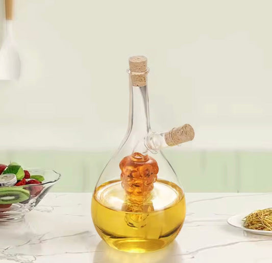 2 In 1 Transparent Glass Oil Bottle with Lid, Creative Double Mouth Glass Seasoning Oil Pot, 2 in 1 Kitchen Cruet Bottle with Cork Stopper
