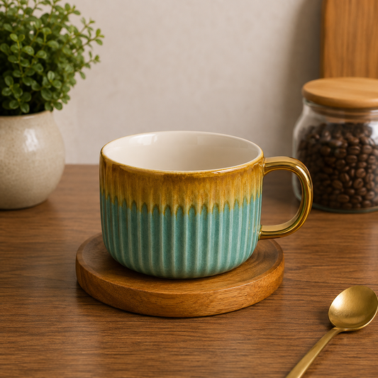 STONE CUP WITH WOODEN SAUCER SET - 6 PIECE