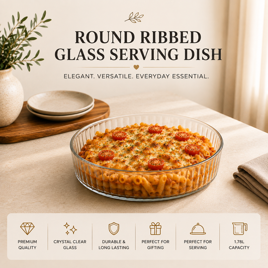 DELISOGA Round Ribbed Glass Serving Dish | 1.78L Clear Serving Bowl for Salad, Fruit, Desserts & Table Serving