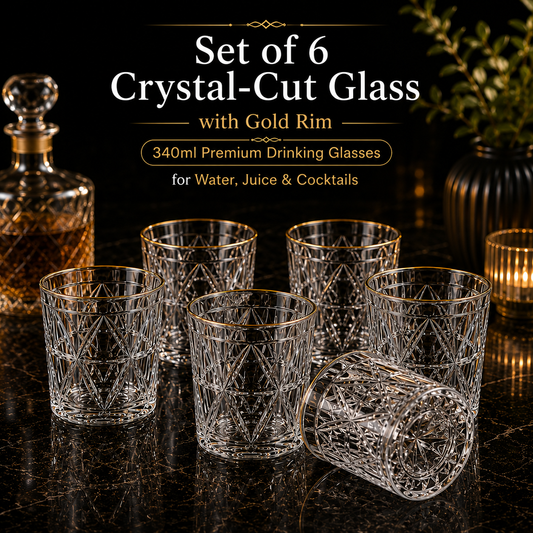DELISOGA Set of 6 Crystal-Cut Glass with Gold Rim | 340ml Premium Drinking Glasses for Water, Juice & Cocktails