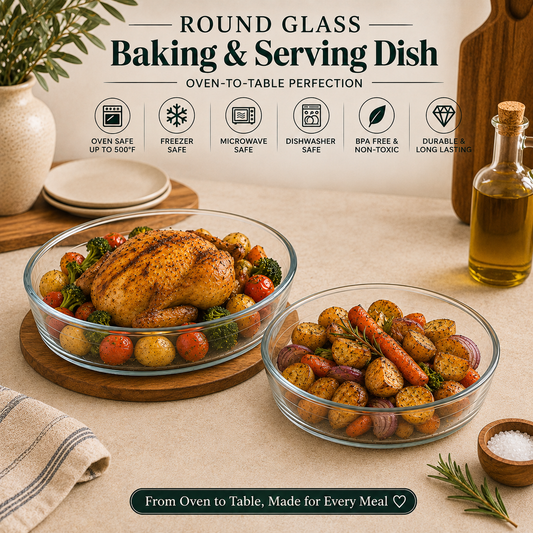 Delisoga Round Glass Baking & Serving Dish | Clear Oven-to-Table Roaster for Baking, Roasting & Casseroles