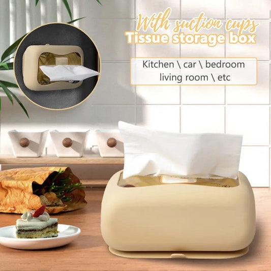 Silicone Tissue Holder Cover, Suction Cup Napkin Storage Cover, Punch Free Tissue Box With Sucker, Foldable Square Napkin Tissue Cover, Universal Refillable Rectangle Tissue Dispenser