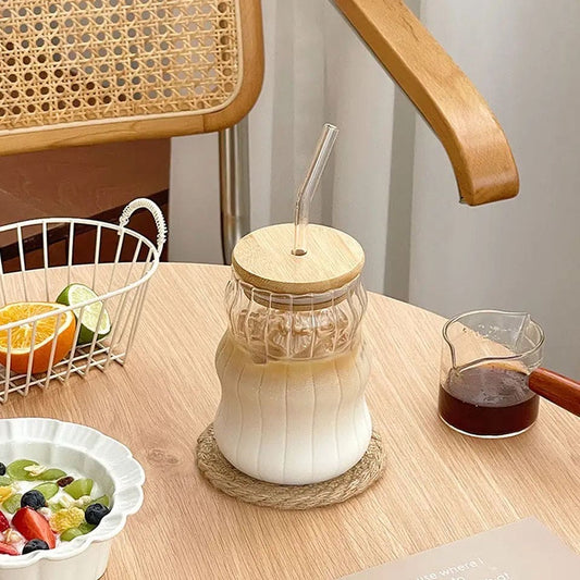 Volcano Glass Mug With Bamboo Glass And Straw, 500ml Coffee Drinking Cup, Multipurpose Iced Coffee Cute Tumbler Cup for Cocktail, Party Beverage Cup, Portable Glass Water Cup with Straw Lid, Household Borosilicate Straw Glass