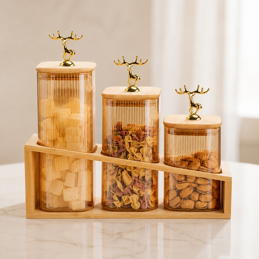 Luxury 3pcs Deer Handle Glass Storage Jar Set, Decorative Ribbed Glass Storage Jars With Rack, Elegant Deer Knob Storage Jar Set
