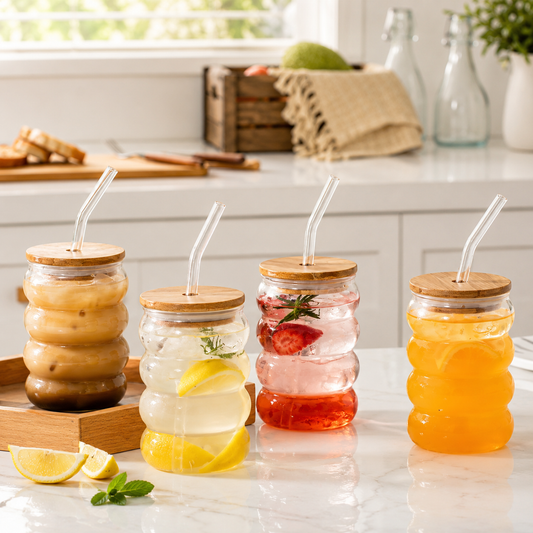 Bubble Glass Tumbler with Lid and Straw, Iced Coffee Mug With Straw With Wooden Lid, Drinking Cup With Lid And Straw