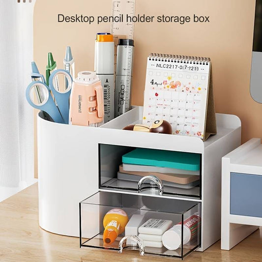 2 Drawers Simple Pen Holder, Multifunction Pencil Storage Box, Student Office Stationary Organizer, Transparent Drawer Storage Organizer, Large Capacity Sundries Storage Box, Countertop Transparent Cabinet Desk Organizer