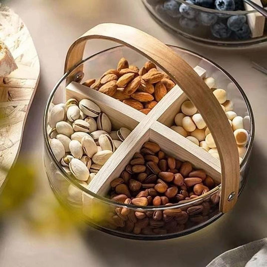 Premium Glass Divided Snack Tray with Wooden Handle | 4-Compartment Dry Fruit, Nuts & Candy Serving Platter