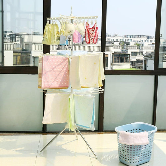 3 Tier Horse Drying Rack, Collapsible Clothes Drying Rack, Foldable Standing Laundry Stand, 360 Rotatable Tripod Airer For Clothes, Stainless Steel Frame Clothing Drying Rack, Balcony Laundry Hanger Organizer, Indoor Outdoor Garment Aire Stand