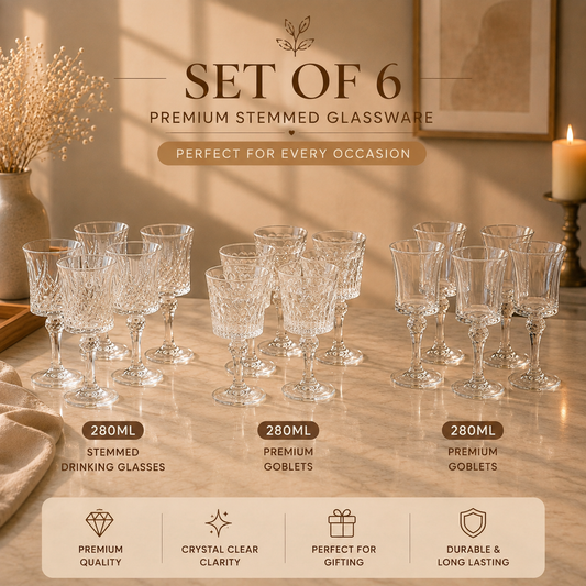 Set of 6 Stemmed Drinking Glasses | 280ml Premium Goblets for Water, Juice & Mocktails