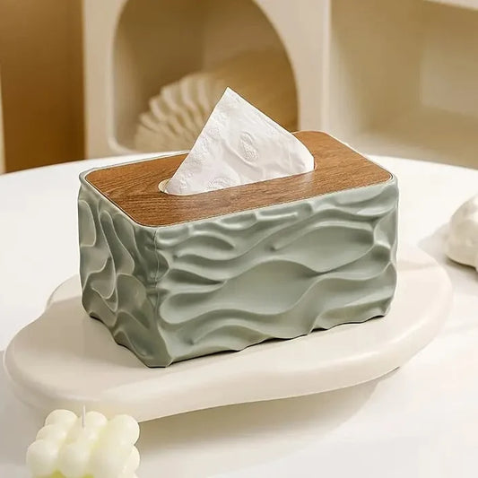 1pc Rectangular Tissue Box Cover, Minimalist Wave Pattern Design With Natural Wooden Lid, Perfect For Bathroom, Kitchen, Living Room, Bedroom Tissue Storage Box