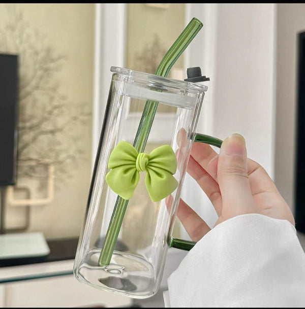 Pink Bow Square Glass Cup with Straw