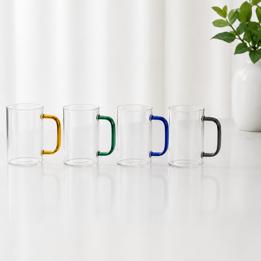 Clear Glass Mug Set with Colored Handles | Premium Tea, Coffee & Juice Cups | Modern Glass Drinkware Set