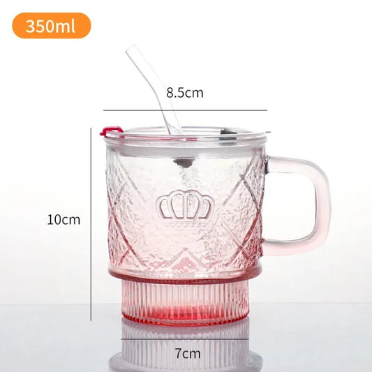 Crown Glass Mug with Lid & Glass Straw | Premium Crystal Drink Cup for Coffee, Tea & Cold Beverages