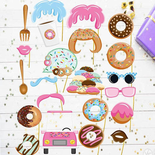 22 Pcs Donut Birthday Props, Donut Photo Booth Props, DIY Donut Birthday Party Selfie Props, Theme Birthday Party Celebration and Decoration