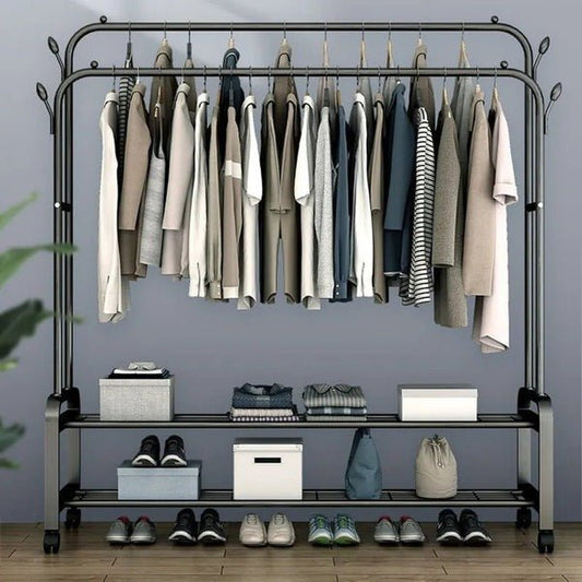 Heavy Duty Metal Clothes Rack with Wheels – Double Rail & Storage Shelf