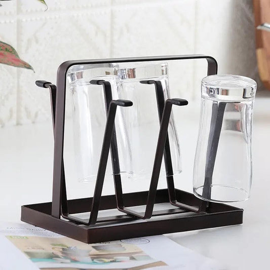 Iron Glass Stand, 6 Hooks Cups Mug Glass Stand Holder, Metal Cup Drying Rack Shelf, Cup Hanging Drainer, Upside Down Cup Drain Rack, Countertop Cup Holder for Bottle, Glass, Mug, Non-Slip Mugs Bottles Organizer For Kitchen