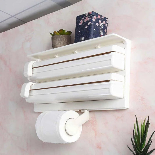 3 In 1 Multifunctional Kitchen Roll Holder, Cling Film Wall Mounted Paper Holder Shelf, Triple Food Wrap Dispenser, Kitchen Roll Holder With Spice Rack and Slide Cutter, Multifunctional Cling Film Cutter