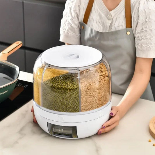 6 Grid Round Cereal Dispenser, 360° Rotatable Rice Barrels, Multi Compartment Grain Dispenser, Rotary Partition Sealed Jar, Round Rice Storage Tank, Measuring Container Kitchen Grains Rice Storage Bucket Food Organizer